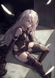 Rule 34 | 1girl, absurdres, android, bare shoulders, black gloves, black thighhighs, blue eyes, breasts, dirty, elbow gloves, gloves, hair between eyes, hair over one eye, highres, holding, holding sword, holding weapon, long hair, looking at viewer, medium breasts, mole, mole under mouth, nier:automata, nier (series), shorts, sidelocks, silver hair, sitting, solo, sword, thick thighs, thighhighs, thighs, torn clothes, weapon, yasu (segawahiroyasu), a2 (nier:automata)