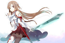 Rule 34 | 10s, 1girl, armor, asuna (sao), bad id, bad pixiv id, bare shoulders, blush, braid, breastplate, brown eyes, brown hair, detached sleeves, highres, holding, komori, long hair, looking at viewer, scabbard, sheath, skirt, solo, sword, sword art online, thighhighs, weapon, white thighhighs, zettai ryouiki