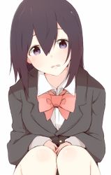 Rule 34 | 1girl, black hair, black jacket, blazer, blush, bow, bowtie, collared shirt, enelis, hair between eyes, head tilt, jacket, long sleeves, looking at viewer, original, parted lips, purple eyes, red bow, red bowtie, shirt, simple background, sleeves past wrists, solo, squatting, tareme, white background, white shirt