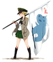 Rule 34 | 10s, 1girl, black bow, black bowtie, black footwear, blonde hair, boots, bow, bowtie, brown eyes, brown jacket, carrying over shoulder, closed mouth, commentary, emblem, erwin (girls und panzer), flag, full body, girls und panzer, goggles, goggles on headwear, green hat, hand in pocket, hat, heart, hippopotamus, holding, holding flag, jacket, long sleeves, looking to the side, military hat, military jacket, ooarai school uniform, open clothes, open jacket, peaked cap, pointy hair, school uniform, short hair, smile, solo, sonasiz, standing, white background