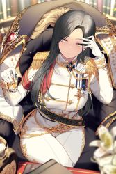 Rule 34 | 1girl, absurdres, alcohol, black hair, blurry, blurry foreground, book, breasts, chair, closed mouth, cup, desk, earrings, epaulettes, flower, gloves, highres, holding, holding cup, jacket, jewelry, large breasts, crossed legs, long hair, long sleeves, looking at viewer, medal, mendou kusai, military, military uniform, original, sitting, solo, sparkle, uniform, white flower, white gloves, yellow eyes
