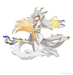 Rule 34 | 1girl, absurdres, arknights, bare shoulders, blonde hair, blue hair, blush, chinese commentary, closed mouth, commentary request, cropped legs, dragon, dragon girl, dragon horns, dragon tail, earrings, eastern dragon, floating hair, grey eyes, grey hair, grey jacket, grey pants, grey tube top, hair intakes, highres, holding, holding plant, horns, jacket, jewelry, jia si te wei, long hair, looking at viewer, multicolored hair, necklace, off shoulder, open clothes, open jacket, pants, plant, shu (arknights), simple background, smile, solo, standing, strapless, tail, tube top, wheat, white background