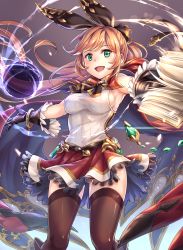 Rule 34 | 10s, 1girl, :d, armpits, black gloves, black thighhighs, blonde hair, book, bracelet, breasts, cape, clarisse (granblue fantasy), fang, female focus, gloves, granblue fantasy, green eyes, hair ribbon, highres, jewelry, ks (xephyrks), large breasts, long hair, looking at viewer, open mouth, ponytail, ribbon, sideboob, skirt, sleeveless, smile, solo, test tube, thighhighs, very long hair