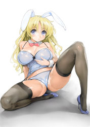 Rule 34 | 1girl, animal ears, black thighhighs, blonde hair, blue eyes, blue footwear, blush, bow, bowtie, breasts, cameltoe, chie (ishikei), cleavage, cleft of venus, copyright notice, detached collar, fake animal ears, full body, garter straps, high heels, ishikei, knee up, large breasts, leotard, long hair, looking at viewer, original, photoshop (medium), playboy bunny, pumps, rabbit ears, shiny clothes, shiny skin, simple background, sitting, solo, spaghetti strap, thighhighs, white background, wrist cuffs