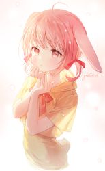 Rule 34 | 1girl, ahoge, animal ears, blush, bow, brown eyes, closed mouth, cropped torso, gomzi, hair bow, hands up, hood, hood down, hoodie, looking at viewer, original, pink hair, rabbit ears, red bow, short sleeves, short twintails, signature, skirt, solo, twintails, upper body, yellow hoodie, yellow skirt