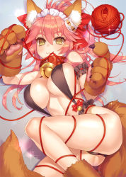 Rule 34 | 1girl, :3, @ @, animal ear fluff, animal ears, animal hands, bare shoulders, bell, blush stickers, breasts, cat paws, cleavage, collar, fate/grand order, fate (series), fox ears, fox girl, fox tail, gloves, hair ribbon, jingle bell, large breasts, long hair, looking at viewer, neck bell, onigiri-kun (demmy), paw gloves, paw shoes, pink hair, ponytail, red ribbon, ribbon, shoes, smile, solo, string, string of fate, tail, tamamo (fate), tamamo cat (fate), yellow eyes