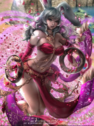 Rule 34 | 1girl, animal ears, bandeau, bare shoulders, belly chain, breasts, bridal gauntlets, chakram, choker, cleavage, dancer (final fantasy), dark-skinned female, dark skin, detached sleeves, emerald-weapon, field, final fantasy, final fantasy xiv, flower, flower field, grey hair, jewelry, lips, long hair, looking at viewer, medium breasts, midriff, navel, necklace, outdoors, parted lips, patreon username, pelvic curtain, petals, purple eyes, rabbit ears, revealing clothes, solo, viera, watermark, weapon, web address