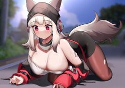 Rule 34 | 1girl, absurdres, all fours, animal ears, arknights, ass, bare shoulders, black headwear, black skirt, blue sky, breasts, brown pantyhose, cleavage, cloud, commentary request, day, dishui tangni, fox ears, fox tail, frostleaf (arknights), grey hair, highres, jacket, large breasts, long hair, off shoulder, pantyhose, pencil skirt, red eyes, revision, skirt, sky, solo, tail, thighs, torn clothes, torn pantyhose