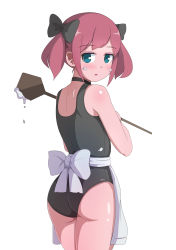Rule 34 | 1girl, absurdres, apron, ass, bare arms, bare shoulders, black bow, black choker, black one-piece swimsuit, blue eyes, bow, choker, food, food on clothes, food on face, from behind, hair bow, highres, holding, looking at viewer, looking back, one-piece swimsuit, original, parted lips, red hair, school swimsuit, short twintails, sidelocks, simple background, solo, surio, swimsuit, twintails, waist apron, white apron, white background, white bow