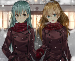 Rule 34 | 10s, 2girls, alternate costume, blush, brown hair, can, coat, drink, ffmania7, green eyes, green hair, isshiki (ffmania7), kantai collection, kumano (kancolle), multiple girls, outdoors, ponytail, scarf, snow, suzuya (kancolle), winter, winter clothes, winter coat, yellow eyes