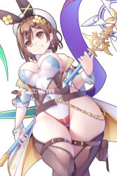Rule 34 | 1girl, adapted costume, alternate costume, animal ears, atelier (series), atelier ryza, atelier ryza 3, breasts, brown eyes, brown hair, brown thighhighs, cleavage, closed mouth, commentary, covered navel, earrings, english commentary, fake animal ears, hair ornament, hat, highres, holding, holding staff, hot vr, jewelry, large breasts, leotard, patreon username, playboy bunny, rabbit ears, reisalin stout, short hair, simple background, single earring, smile, solo, staff, thick thighs, thighhighs, thighs, white background, white leotard, x hair ornament