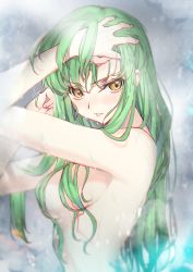 Rule 34 | 1girl, arm up, armpits, blush, breasts, c.c., censored, censored nipples, code geass, commentary request, completely nude, convenient censoring, creayus, green hair, hair censor, hair over breasts, long hair, looking at viewer, medium breasts, nude, parted lips, showering, solo, steam, upper body, v-shaped eyebrows, very long hair, water, wet, wet hair, yellow eyes