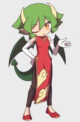 Rule 34 | 1girl, black pants, brown eyes, china dress, chinese clothes, closed mouth, dot nose, draco centauros, dragon girl, dragon horns, dragon tail, dragon wings, dress, elbow gloves, full body, gloves, green hair, green wings, grey background, hand on own hip, highres, horns, ikyllua, light frown, looking at viewer, madou monogatari, one eye closed, pants, pants under dress, pointy ears, puyopuyo, red dress, red footwear, short hair, side slit, solo, standing, tail, white gloves, wings, yellow horns