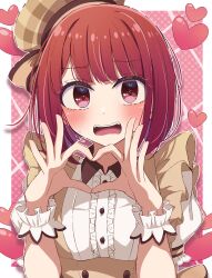 Rule 34 | 1girl, absurdres, alternate costume, arima kana, beret, blunt bangs, blush, bob cut, border, brown hat, brown shirt, center frills, commentary request, embarrassed, fangs, frilled wrist cuffs, frills, hands up, hat, hat ribbon, heart, heart hands, heart in eye, highres, inverted bob, looking at viewer, meiji (meizi493), mini hat, open mouth, oshi no ko, pink background, plaid headwear, polka dot, polka dot background, puffy short sleeves, puffy sleeves, red eyes, red hair, ribbon, shirt, short hair, short sleeves, simple background, solo, sweatdrop, symbol in eye, teeth, upper body, upper teeth only, wavy mouth, white border, white shirt, wrist cuffs