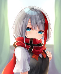 Rule 34 | 1girl, admiral graf spee (azur lane), alternate costume, azur lane, black vest, blue eyes, blush, breasts, covered mouth, day, indoors, looking at viewer, multicolored hair, osisio, red hair, red neckwear, red scarf, scarf, school uniform, shirt, short hair, short sleeves, sidelocks, silver hair, small breasts, solo, streaked hair, sunlight, vest, white shirt, window