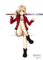 Rule 34 | absurdres, blonde hair, boots, breasts, character name, clarent (fate), cleavage, cleavage cutout, clothing cutout, cutoff jeans, cutoffs, denim, denim shorts, fate/apocrypha, fate (series), green eyes, highres, jacket, crossed legs, mordred (fate), mordred (fate/apocrypha), mordred (memories at trifas) (fate), over shoulder, pointing, pointing at viewer, red jacket, red scrunchie, scrunchie, shorts, small breasts, solo, sword, sword over shoulder, thighs, weapon, weapon over shoulder, white background, yuber.x