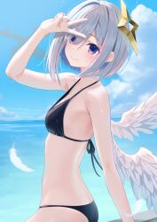 Rule 34 | 1girl, amane kanata, angel, angel wings, bare shoulders, bikini, black bikini, blue hair, blue sky, blush, breasts, closed mouth, colored inner hair, commentary request, cowboy shot, day, feathered wings, grey hair, hair ornament, halo, halterneck, hand up, highres, hololive, looking at viewer, multicolored hair, outdoors, pink hair, purple eyes, short hair, single hair intake, sky, small breasts, smile, solo, standing, star halo, streaked hair, string bikini, swimsuit, tataki worker, v, virtual youtuber, water, wings