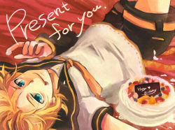 Rule 34 | 1boy, :p, blonde hair, blue eyes, cake, food, kagamine len, lying, male focus, mukkun, necktie, on back, pastry, short hair, shorts, smile, solo, tongue, tongue out, vocaloid