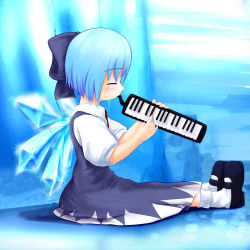 Rule 34 | 1girl, blue hair, blush, bow, cirno, closed eyes, female focus, highres, instrument, keyboard (instrument), melodica, ribbon, solo, touhou, tsubasa (abchipika), wings