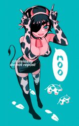 Rule 34 | 1girl, animal ears, animal print, artist name, bell, black choker, black hair, breasts, chainsaw man, choker, claireiosity, cleavage, cow, cow horns, cow print, cow tail, cowbell, elbow gloves, eyepatch, fake animal ears, fake tail, footprints, gloves, hairband, halftone, highres, himeno (chainsaw man), horns, horns pose, large breasts, looking at viewer, open mouth, short hair, simple background, smile, solo, speech bubble, tail, thighhighs