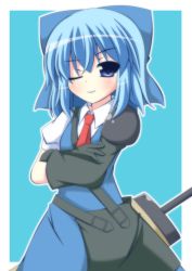 Rule 34 | 1girl, advent cirno, bag, blue background, blue dress, blue eyes, blue hair, bow, cirno, crossed arms, dress, gauntlets, hair bow, looking at viewer, masiromu, matching hair/eyes, one eye closed, shirt, short sleeves, smile, solo, touhou, wink