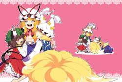 Rule 34 | 3girls, :d, animal ears, blonde hair, breasts, brown hair, cat ears, cat girl, cat tail, chen, chibi, cleavage, earrings, elbow gloves, closed eyes, fang, female focus, fox tail, gloves, hat, jewelry, long hair, multiple girls, multiple tails, mzh, one eye closed, open mouth, red eyes, short hair, smile, tail, touhou, yakumo ran, yakumo yukari, yellow eyes