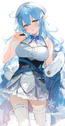 Rule 34 | 1girl, :p, absurdres, ahoge, bare shoulders, blue coat, blue hair, blue skirt, breasts, candy, center frills, chocolate, chocolate heart, cleavage cutout, clothing cutout, coat, commentary request, corset, food, frilled skirt, frilled thighhighs, frills, fur collar, half updo, heart, heart ahoge, highres, holding, holding chocolate, holding food, hololive, large breasts, looking at viewer, off shoulder, pleated skirt, pointing, pointy ears, shirt, simple background, skirt, sleeveless, sleeveless shirt, snowflake print, solo, thighhighs, tongue, tongue out, twitter username, umibouzu (niito), underbust, virtual youtuber, white background, white headwear, white shirt, white thighhighs, yellow eyes, yukihana lamy, zettai ryouiki
