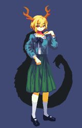 Rule 34 | 1girl, 4qw5, black background, black footwear, blonde hair, blue bow, blue shirt, bow, closed mouth, dragon tail, full body, green skirt, kicchou yachie, long sleeves, looking at viewer, pixel art, red eyes, shirt, short hair, simple background, skirt, solo, standing, tail, touhou, turtle shell, white legwear