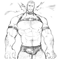 Rule 34 | 1boy, abs, bandaid, bandaid on cheek, bandaid on face, bara, bare pectorals, beard, black hair, bulge, cyphers, damian doyle (cyphers), dark-skinned male, dark skin, erection, erection under clothes, facial hair, gomtang, large pectorals, male focus, male pubic hair, mature male, mohawk, muscular, muscular male, navel, navel hair, nipples, pectoral cleavage, pectorals, penis, pubic hair, short hair, sideburns, sidepec, solo, stomach, stubble, thick thighs, thighs, third-party source