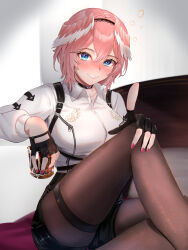Rule 34 | 1girl, absurdres, black choker, black gloves, black pantyhose, black shorts, blue eyes, breast zipper, breasts, choker, collared shirt, cup, fingerless gloves, gloves, head wings, high-waist shorts, highres, holding, holding cup, hololive, large breasts, leg up, looking at viewer, medium hair, nail polish, pantyhose, pantyhose under shorts, pink hair, pink nails, shirt, short shorts, shorts, smile, solo, takane lui, takane lui (1st costume), thigh strap, virtual youtuber, wasabiyu18, white shirt, wings, zipper, zipper pull tab