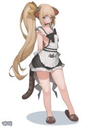 Rule 34 | 1girl, absurdres, animal ears, arms behind back, black bow, black neckwear, blonde hair, blue eyes, blush, bow, closed mouth, collarbone, eyes visible through hair, highres, long hair, maid, mole, mole under eye, original, rabbit (wlsdnjs950), shiny skin, simple background, slippers, slit pupils, solo, standing, tail, very long hair, white background
