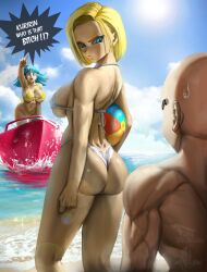 Rule 34 | 1boy, 2girls, absurdres, adjusting hair, alternate breast size, android 18, angry, arms up, bare shoulders, beach, bikini, blonde hair, blue eyes, blue hair, blue sky, bob cut, breasts, cleavage, closed mouth, cloud, curvy, day, dragon ball, dragonball z, earrings, elite nappa, english text, green hair, groin, hetero, highres, hoop earrings, huge breasts, jewelry, kuririn, large breasts, legs, legs apart, long hair, looking at another, looking to the side, maron (dragon ball), medium hair, multiple girls, navel, ocean, one-piece swimsuit, open mouth, outdoors, purple eyes, sand, shiny skin, side-tie bikini bottom, side slit, sky, swimsuit, thick thighs, thighs, thong bikini, toes, water, white bikini, wide hips, yellow bikini, yellow one-piece swimsuit