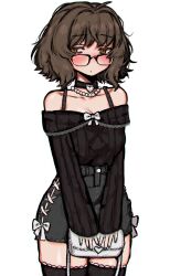 Rule 34 | 1girl, ahoge, aki (snale), bag, bare shoulders, black-framed eyewear, black choker, black nails, black shorts, black sweater, blush, breasts, brown eyes, brown hair, choker, collarbone, cowboy shot, glasses, handbag, highleg, holding, holding bag, jewelry, medium breasts, messy hair, necklace, off-shoulder sweater, off shoulder, original, pearl necklace, ribbon, short hair, shorts, side-tie shorts, sleeves past wrists, snale, solo, sweater, thick thighs, thighhighs, thighs, white ribbon, wide hips, zettai ryouiki