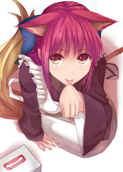 Rule 34 | 00s, 1girl, animal ears, apo (apos2721), apron, bow, cat ears, hair bow, highres, kemonomimi mode, kohaku (tsukihime), looking at viewer, maid apron, melty blood, paw pose, red hair, sandals, short hair, solo, tabi, tail, tongue, tongue out, tsukihime, yellow eyes