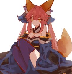Rule 34 | 1girl, absurdres, animal ear fluff, animal ears, bare shoulders, blue kimono, blue thighhighs, blush, bow, breasts, cleavage, detached sleeves, fate/grand order, fate (series), fox ears, fox girl, fox tail, gin (yza foxxhermit), hair ribbon, highres, japanese clothes, kimono, large breasts, long hair, looking at viewer, pink hair, ribbon, solo, split ponytail, tail, tamamo (fate), tamamo no mae (fate/extra), thighhighs, yellow eyes