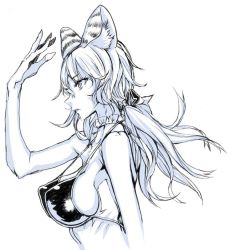Rule 34 | 1girl, animal ears, blue theme, breasts, from side, hand up, honjou raita, long hair, monochrome, original, parted lips, perky breasts, profile, simple background, skinny, solo, upper body, white background