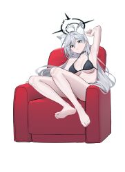 Rule 34 | absurdres, ahoge, animal ears, aqua hair, arm up, armpits, asymmetrical hair, asymmetrical sidelocks, bare legs, bare shoulders, barefoot, bikini, black bikini, black choker, blue archive, blue eyes, breasts, bright pupils, cat ears, choker, cleavage, couch, doufu (pixiv9093484), grey hair, hair between eyes, halo, highres, large breasts, long hair, multicolored hair, on couch, shiroko (blue archive), sitting, solo, swimsuit, white background, white pupils