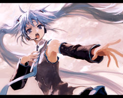 Rule 34 | &gt;:o, 1girl, :o, aqua hair, armpits, bare shoulders, blue eyes, blue hair, blush, bob (biyonbiyon), detached sleeves, hand on own chest, hatsune miku, headset, letterboxed, long hair, matching hair/eyes, music, necktie, outstretched arm, singing, skirt, solo, twintails, v-shaped eyebrows, very long hair, vocaloid, wallpaper