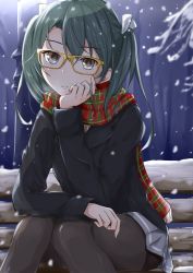 Rule 34 | 10s, 1girl, alternate costume, arm support, bespectacled, black pantyhose, brown eyes, casual, cowboy shot, elbow rest, glasses, green hair, head rest, highres, kantai collection, looking at viewer, pantyhose, plaid, plaid scarf, pleated skirt, scarf, sitting, skirt, smile, snow, solo, takumin (takumi415), twintails, yellow-framed eyewear, yellow eyes, zuikaku (kancolle)