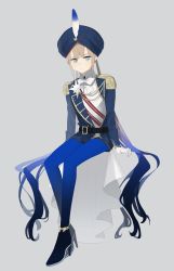 Rule 34 | 1boy, absurdres, ankle ribbon, belt, blonde hair, blue eyes, blue hair, blue legwear, captain nemo (fate), commentary request, epaulettes, fate/grand order, fate (series), gradient hair, grey background, hat feather, highres, leg ribbon, long hair, long sleeves, male focus, multicolored hair, nemo (fate), ninjin (ne f g o), ribbon, shorts, simple background, sitting, solo, turban, twintails, very long hair