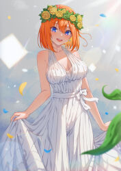 Rule 34 | 1girl, absurdres, bare arms, bare shoulders, blue eyes, blurry, blush, bow, breasts, breasts apart, cleavage, clothes lift, collarbone, commentary, cowboy shot, depth of field, dress, earrings, eyelashes, falling petals, flower, flower wreath, go-toubun no hanayome, grey background, hair between eyes, hair flower, hair ornament, halterneck, head tilt, head wreath, highres, jewelry, large breasts, leaf, lens flare, lifted by self, lips, long dress, looking at viewer, medium hair, mixed-language commentary, nakano yotsuba, official alternate costume, open mouth, orange hair, petals, rose, round teeth, simple background, skirt, skirt lift, solo, sparkle, standing, straight hair, teeth, upper teeth only, wedding dress, white bow, white dress, xiayou sieg, yellow flower, yellow rose