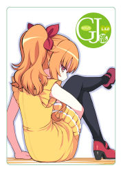 Rule 34 | 10s, 1girl, alternate hairstyle, amatsuka mao, arm support, black thighhighs, blush, checkered floor, dress, from behind, gj-bu, hair flaps, hair ribbon, leg up, long hair, mary janes, on floor, open mouth, orange hair, ribbon, shoes, sitting, sleeveless, thighhighs, twintails, very long hair, yamai