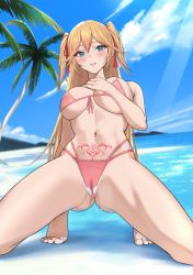 Rule 34 | 1girl, ass, bare shoulders, beach, bikini, blonde hair, blue eyes, breasts, cleavage, commission, feet, granblue fantasy, hand on own chest, heart, heart tattoo, highres, kneeling, large breasts, looking at viewer, navel, nipples, palm tree, pubic tattoo, pussy juice, cameltoe, renzu (lens 02), see-through, see-through swimsuit, skeb commission, sky, solo, spread legs, swimsuit, tattoo, tiptoes, toes, tree, twintails, underboob, undersized clothes, water, wet, wet clothes, zeta (granblue fantasy)