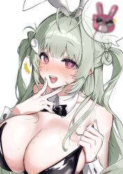 Rule 34 | 1girl, @ @, adjusting clothes, animal ears, antenna hair, black bow, black bowtie, black leotard, blush, bowtie, breasts, detached collar, fake animal ears, goddess of victory: nikke, green hair, green nails, heart antenna hair, huge breasts, leotard, lia (pzvs3887), long hair, looking at viewer, mole, mole on breast, nail art, nail polish, open mouth, pink eyes, playboy bunny, rabbit ears, soda (nikke), soda (twinkling bunny) (nikke), solo, strapless, strapless leotard, sweat, twintails, v over mouth, wrist cuffs