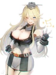 Rule 34 | 1girl, armpits, belt, blonde hair, blue eyes, blush, breasts, buckle, cleavage, cowboy shot, elbow gloves, fingerless gloves, floating hair, front-tie top, garter straps, gloves, hair between eyes, hand on own hip, hand up, hayabusa, headgear, highres, iowa (kancolle), jacket, kantai collection, large breasts, long hair, looking at viewer, messy hair, miniskirt, one eye closed, open mouth, sidelocks, signature, simple background, skirt, sleeveless, sleeveless jacket, smile, solo, star-shaped pupils, star (symbol), symbol-shaped pupils, thighs, white background