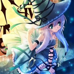 Rule 34 | bow, clock, green eyes, hat, lowres, nishiwaki yuuri, ribbon, silver hair, smile, thighhighs, witch, witch hat