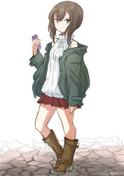 Rule 34 | 1girl, boots, brown eyes, brown footwear, brown hair, brown skirt, commentary request, fuji (pixiv24804665), full body, grey jacket, highres, jacket, kantai collection, looking at viewer, open clothes, open jacket, pleated skirt, road, short hair, sidelocks, simple background, skirt, sleeveless, sleeveless sweater, solo, sweater, taihou (kancolle), turtleneck, white background, white sweater
