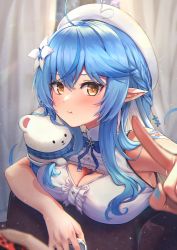 Rule 34 | 1girl, :t, ahoge, amane sora, blouse, blue bow, blue bowtie, blue hair, blue nails, blush, bow, bowtie, breast press, breasts, brown eyes, center frills, cleavage, cleavage cutout, closed mouth, clothing cutout, curtains, elf, flower, frilled shirt, frills, hair flower, hair ornament, half updo, hat, heart, heart ahoge, highres, holding, hololive, index finger raised, indoors, large breasts, long hair, looking at viewer, nail polish, pointy ears, pout, shirt, sidelocks, sleeveless, sleeveless shirt, solo, stuffed animal, stuffed toy, teddy bear, upper body, virtual youtuber, white flower, white hat, white shirt, yukihana lamy