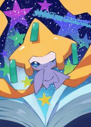 Rule 34 | ;), absurdres, blue eyes, book, closed mouth, commentary request, creatures (company), game freak, gara (qbeuxvii22), gen 3 pokemon, hand up, highres, jirachi, legendary pokemon, looking at viewer, mythical pokemon, nintendo, no humans, one eye closed, pokemon, pokemon (creature), smile, solo, star (symbol)