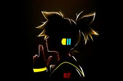 Rule 34 | 1boy, backlighting, bad id, bad twitter id, black background, black collar, blonde hair, collar, commentary, ei flow, english commentary, finger gun, from side, glowing, glowing tattoo, hand up, headphones, highres, kagamine len, male focus, number tattoo, profile, sailor collar, school uniform, short ponytail, shoulder tattoo, solo, spiked hair, tattoo, upper body, vocaloid